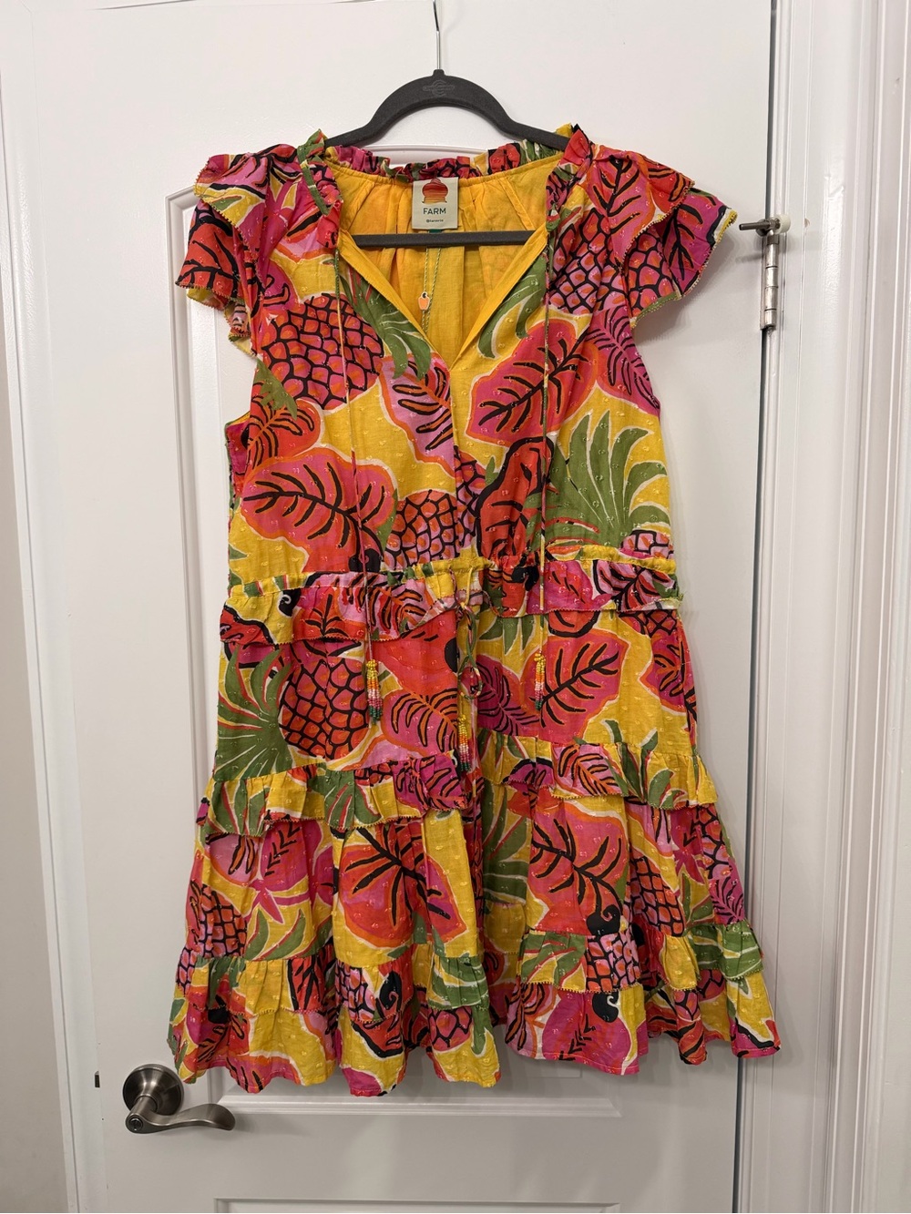 FARM Rio Yellow Dress with Pink & Green Tropical Motif